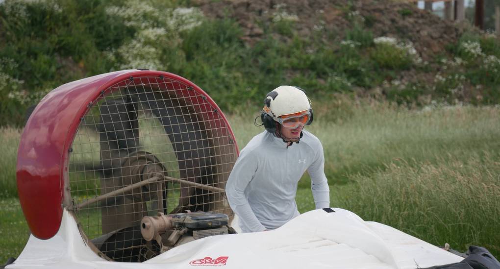 Stag testing his driving skills on a Hovercraft