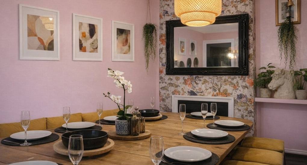 Large social dining area for group meals and murder mystery events at the Bournemouth Hot Tub Garden hen party house.