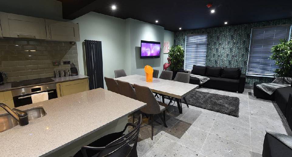 Open plan lounge and dining room with concrete table, kitchen island and leaf wallpaper at Green Monkey Manchester.