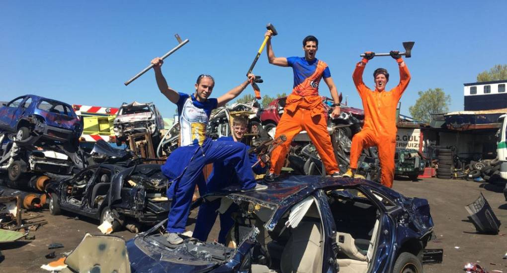 Stag do enjoying a stress busting car smash event
